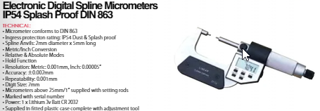 Insize 3133-25 Spline Micrometers digital 0-1"/0-25mm Resolution .00005"/.001mm