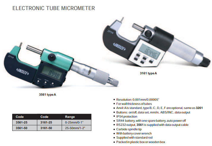 INSIZE TUBE Micrometer 0-1"/0-25mm x .00005"/.001mm Pin Anvil 3161-25