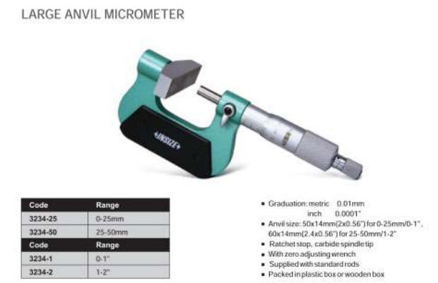 Insize Large anvil Micrometer 3234-25 Range 0-25mm x .01mm Item number 3234-25