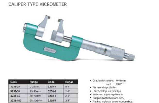 Insize Caliper Type micrometer 3238-1 Range 0-1" x .0001" Item number 3238-1