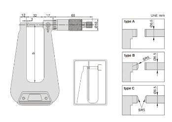 INSIZE 3239-14F Sheet Metal Micrometer, Type B, 0.001" Graduation, 0" - 1" Spherical Anvil Flat spindle, 12" Throat depth