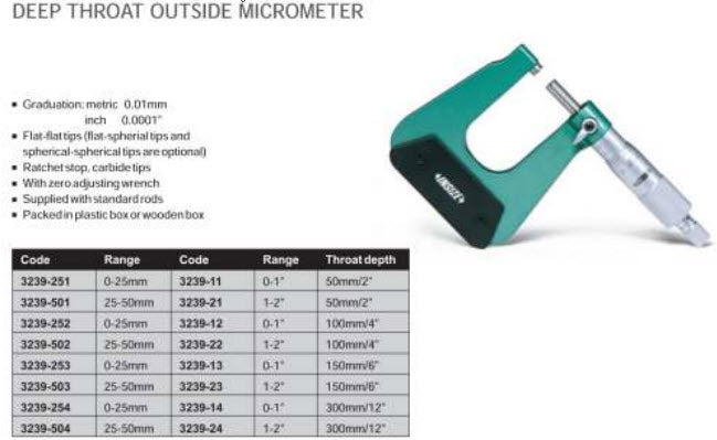 INSIZE 3239-13 Sheet Metal Micrometer, Type A, 0.001" Graduation, 0" - 1"