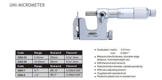 Insize 3262-1 Insize Interchangeable Anvil Micrometer: 0-1″ UniMic