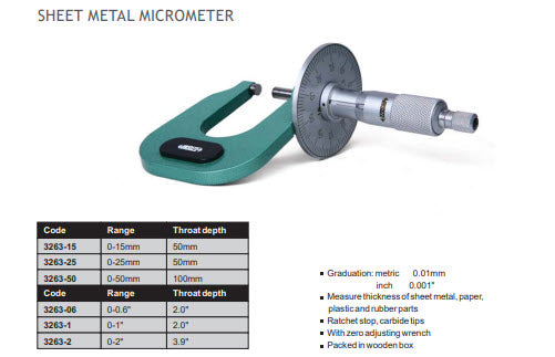 Insize Sheet Metal disc Micrometer 0-25mm x .01mm Depth 50mm