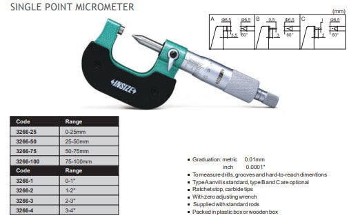 Insize single Point micrometer 0-25mm x .01mm 60 deg spindle 3266-25, Crimp Micrometer