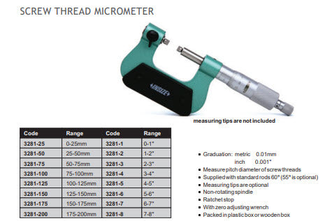 Insize Screw Thread Micrometer 25-50mm x .01mm Item number 3281-50