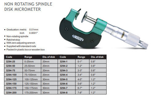 Insize 3294-25, Disc Micrometers 0-25mm x .01mm Non Rotating Spindle