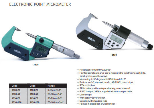 INSIZE 3530-25A DIGITAL POINT MICROMETER (30°), 0-25mm/0-1"