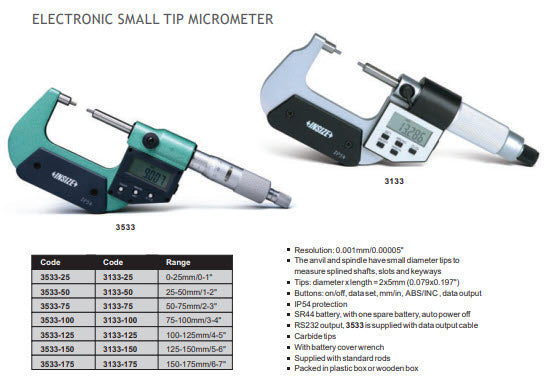 INSIZE 3533-25 DIGITAL SPLINE MICROMETER (5xΦ2mm), 0-25mm/0-1" Resolution .001mm/.00005"