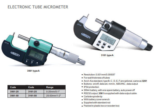 INSIZE 0-25mm/0-1" Digital Cylindrical Anvil Tube Micrometers - 3561-25