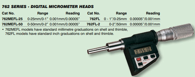 Starrett 762FL Micrometer Head 0-50mm Range, .001mm/.00005" Resolution, Ratchet Stop,