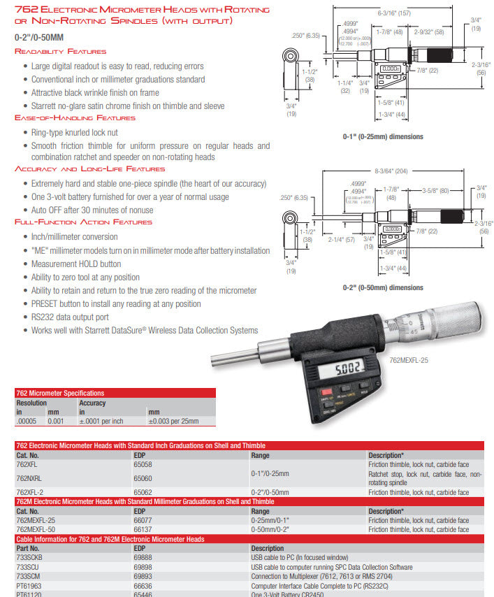 Starrett 762MEXFL-50 Digital Micrometer Head,  0-50mm Range,  Accuracy.002mm, Friction Sleeve, Safety Nut, Carbide Face