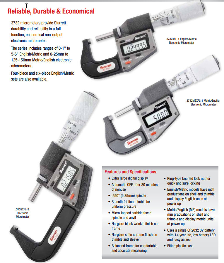 Digital Micrometer Starrett 3732MEXFL-25 Micrometer; 0-25mm Range-Friction Thimble