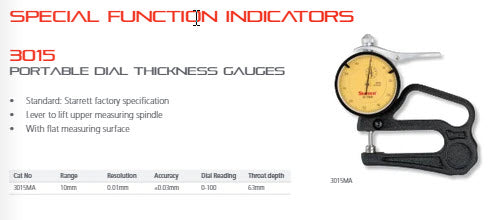 Starrett Dial Indicator Thickness Gauge 0-10mm, 0,01mm, Standard, Steel Contact Elements 3015MA