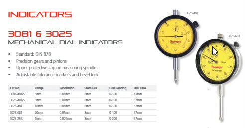 3025-681 Dial Indicator 0.01mm Grads, 20.0mm Range, 8mm Stem Diameter