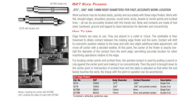 STARRETT 827MB FINDER, EDGE, SINGLE END, 10mm Body diameter, Contact diameter: 6mm Pointed