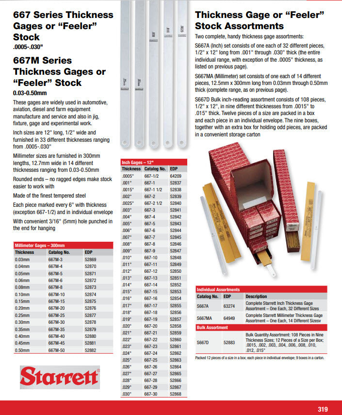 Starrett 667-19 Thickness Gauge Feeler Strip .019"  Feeler Strip  12" Long