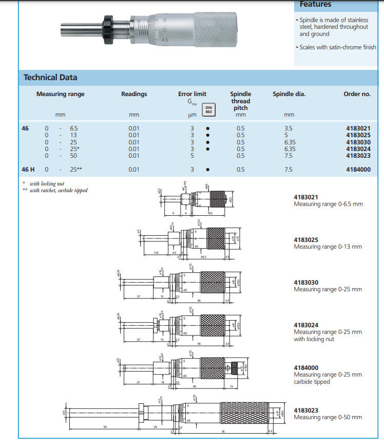 Mahr 4183021 Micrometer Head Range 0-6.5mm graduation .01mm