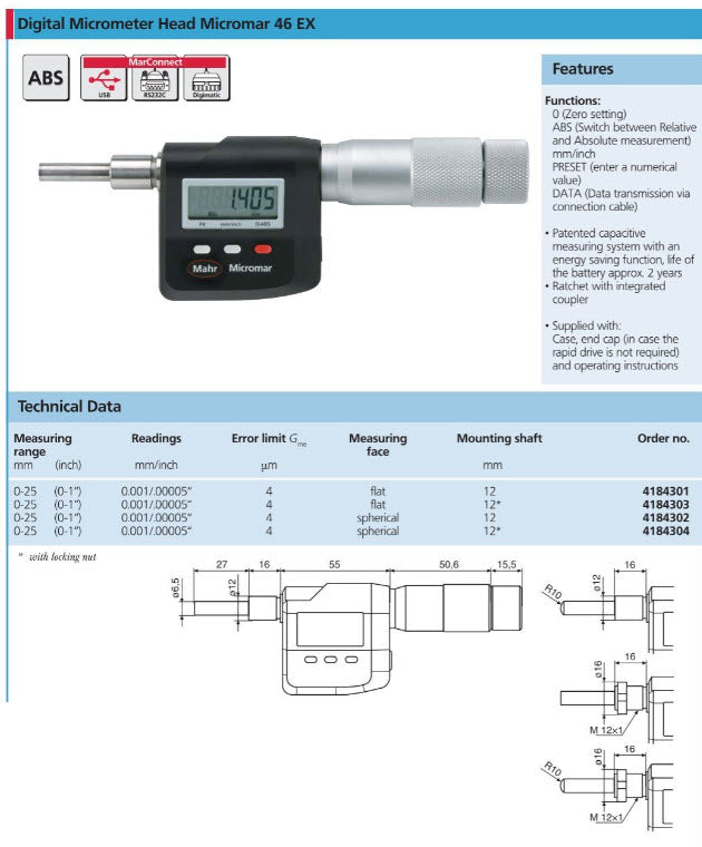 Mahr 4184211 16EX Digital Micrometer Head Range 0-25mm/0-1'' graduation .001mm/.00005''