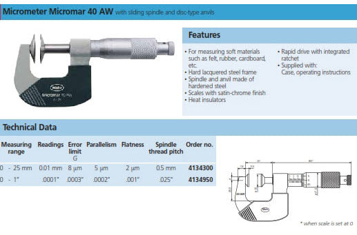 Mahr 4134300 Mechanical Micrometers 40AW Micromar Non Rotating Disc Micrometer, Range 0-25mm x .01mm Accuracy .008mm , Flatness of faces .002mm