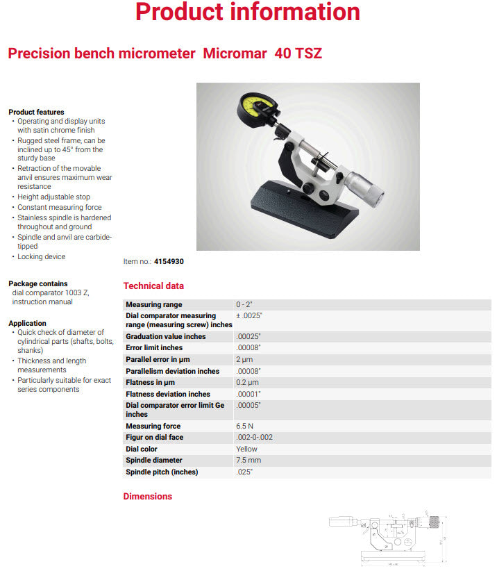 Mahr 4154031 Micromar Precision Bench Micrometer 40 TS Range 0-50mm Without Comparator