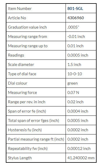 Mahr Test Indicators 4306960, Graduation: .0005", Model: 801SGL, Range: .020", Face diameter 1.5'', Force 0.07N Stylus Length 1.62''