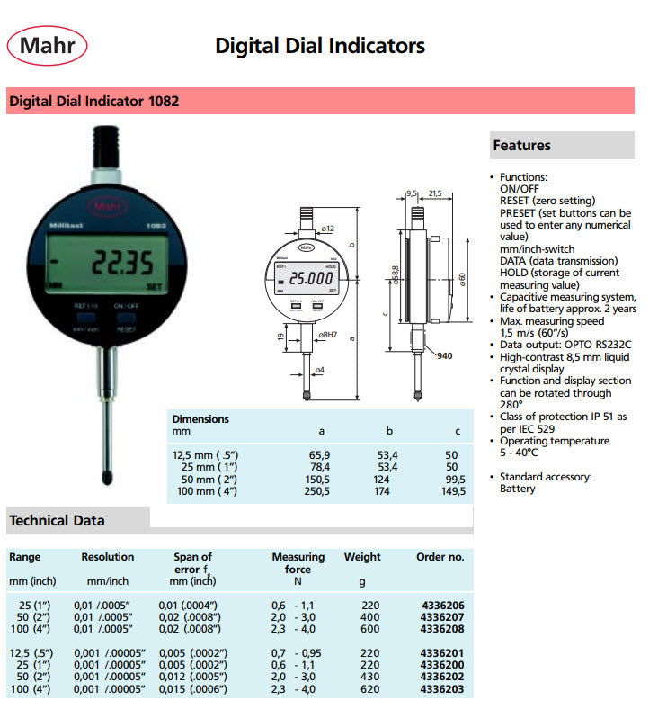 Mahr 4336201 Digital Indicators Accuracy .005mm/.0002'': 12.5mm/1/2'' Resolution: .001mm/.00005 Stem: 8mm 1082 Millitast (Copy)