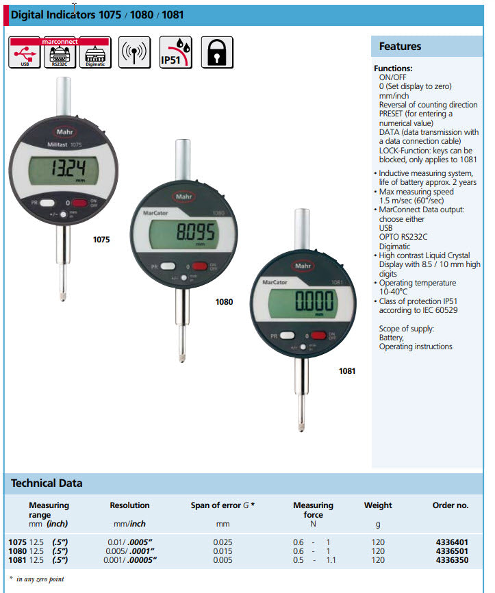 Mahr 4336401 Digital Indicators 1075 Accuracy: .025mm Measuring Force: 0.6-1N Model: 1075 Range: 12.5mm/.5000'' Resolution: .01mm/.0005 Stem: 8mm