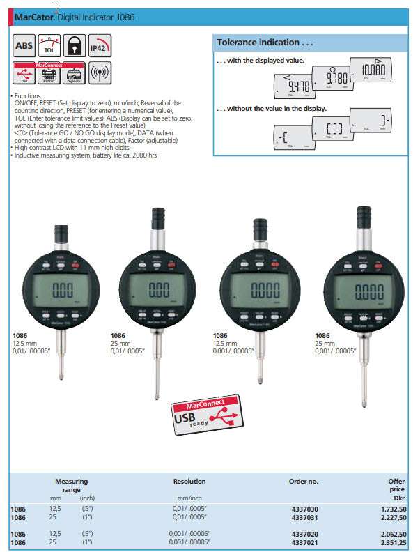 Mahr 4337051 Digital Indicators 1086Z Accuracy: 0.005mm Model: 1086Z Range: 1"/25mm Repeatability: 0.002mm Resolution: 0.00005"/0.001mm Stem: 3/8"