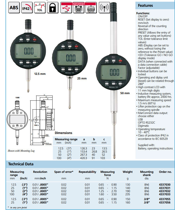 Digital Indicators MarCator 1086 / 1086 Z, Resolution 0.01 mm / .0005“ Code 437055