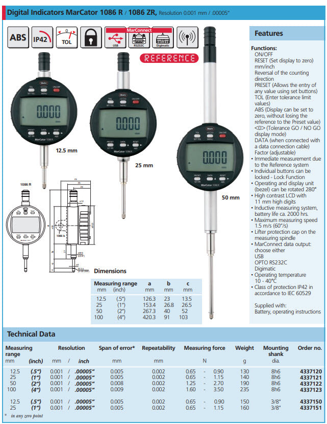 Mahr 4337133 Digital Indicators MarCator 1086 R, Range 100mm/4'' Resolution 0.01 mm / .0005“ Accuracy 0.02mm Repeatability 0.01mm Force 1.6-3.50N Stem 8mm