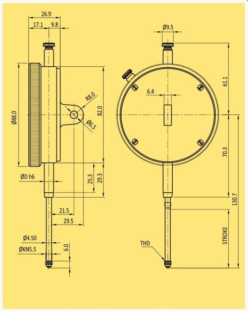 Baker (Mercer Style) Plunger indicator K08, Range 25mm, Graduation .01mm, Reading 0-100