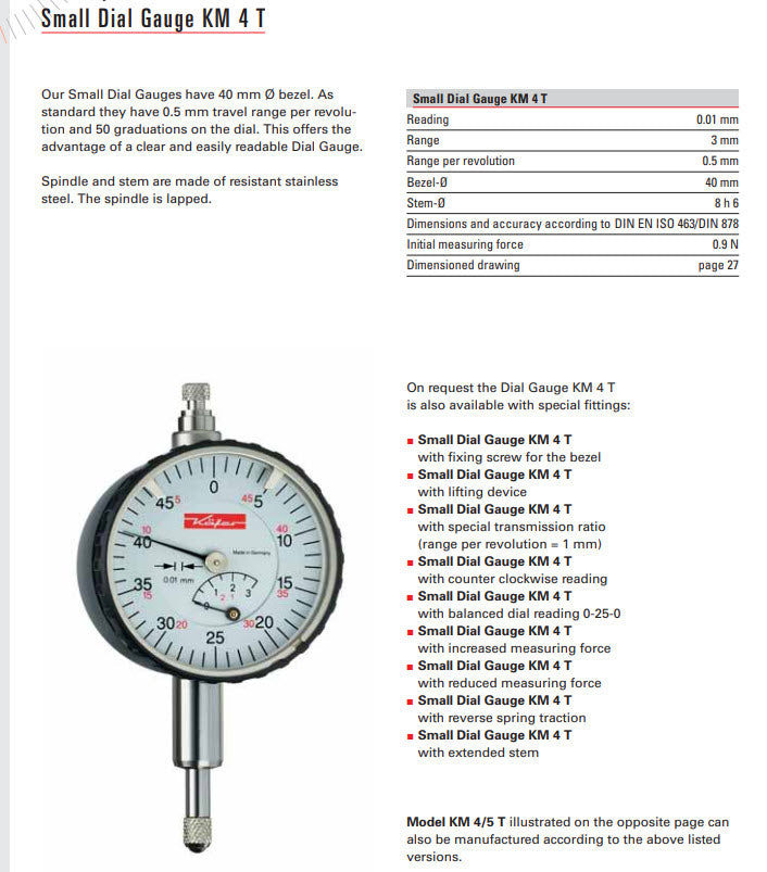 Verdict 23/2043 Small Dial Gauge KM 4 T Reading 0.01 mm Range 3 mm Range per revolution 0.5 mm Bezel-Ø 40 mm Stem-Ø 8 h 6