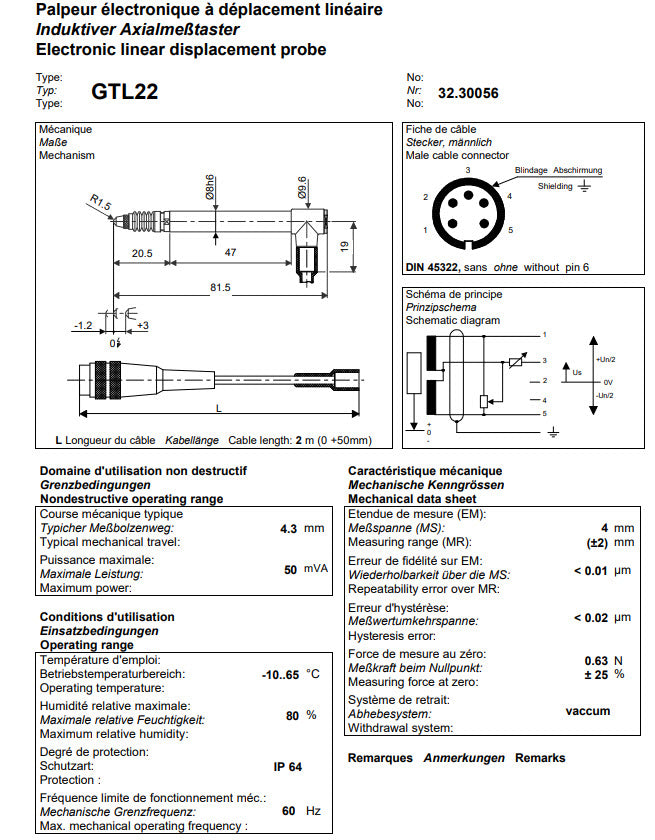 Tesa GT61 probe, USB, ± 5 mm, force = 0,9 N, axial cable Part number 03230204