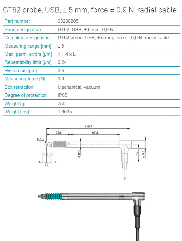 Tesa GT62 probe, USB, ± 5 mm, force = 0,9 N, radial cable Part number 03230205