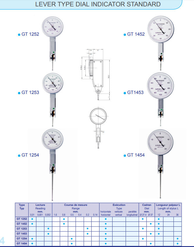 Girod Horizontal Indicator GT 1253A, Graduation: .0001", Range: .008", Reading: 0-4-0, Face 1.1'', Stylus .5'', DIN 2270