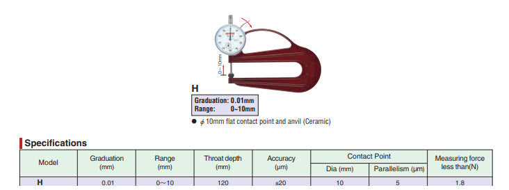 Peacock  Dial Thickness Gauge Graduation .01mm x 10mm Throat depth 120mm Model H