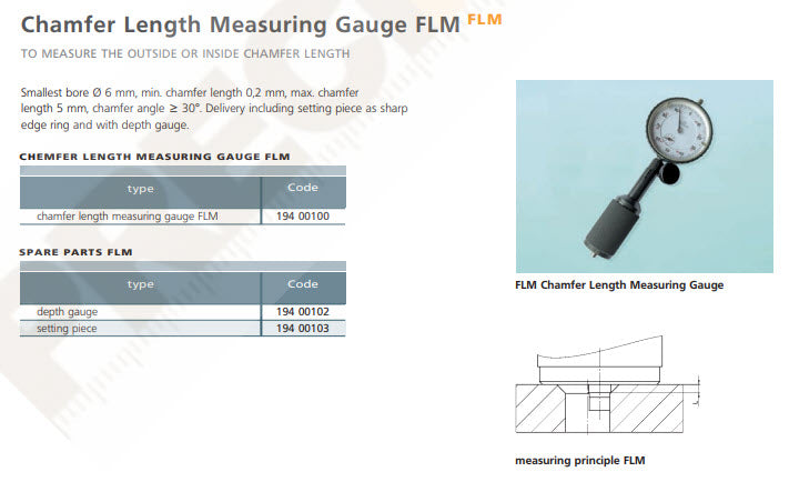 Schwenk 194 00100 Chamfer Length Measuring Gauge FLM Smallest bore Ø 6 mm, min. chamfer length 0,2 mm, max. chamfer length 5 mm, chamfer angle e 30°.