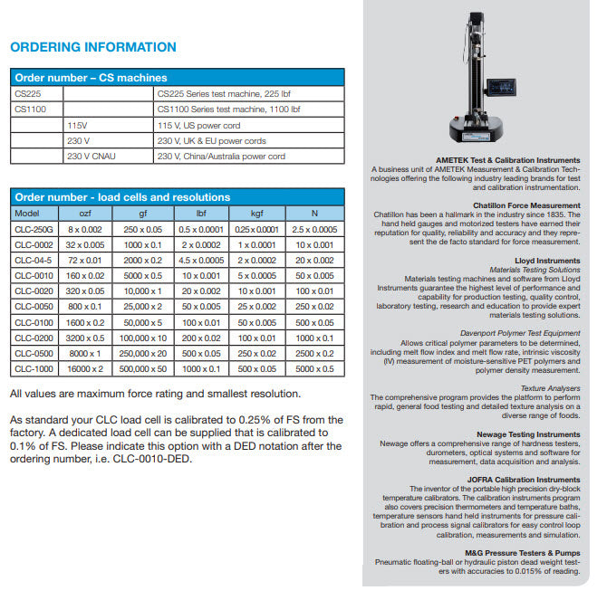 Lloyd Instruments/Ametek CS2-225 Single Column Bench Mounted Advanced Force Test System 225 lbf (1kN)