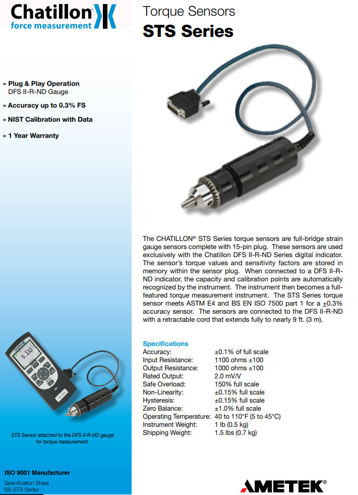 Chatillon Ametek STS-0003 Interchangeable Torque Sensors Description 50 X 0.005 OZ-IN TORQUE SENSOR