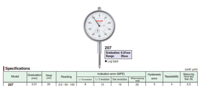 Peacock 207 Dial Indicator, 0-20mm Range, 0.01m Resolution, +/-0.01mm Accuracy, 0-100 Dial Reading, With Lug Back, White Face