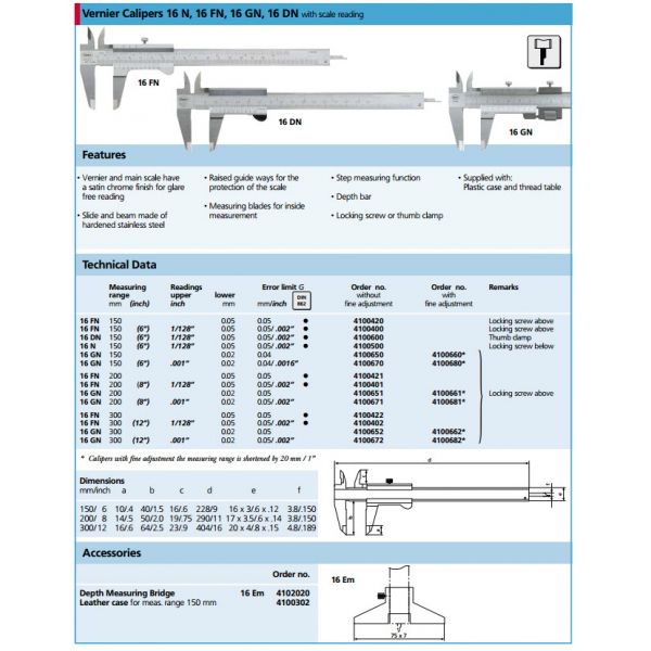 Mahr Vernier Calipers 150mm (6") 0,05mm / 1 / 128". Locking Screw Below, 16N 4100500