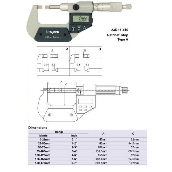 Inspec 235-11-510 Blade Mic 0-25mm/0-1'' Resolution .001mm/.00005'' Type B .4mm x 3.5mm