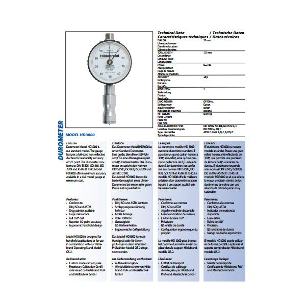 Hildebrand Code 222805, Model HD3000 Shore A Hardness Tester Without Drag Pointer DIN ISO 7619-1, ISO 868, ISO 7619, ASTM D 2240 (Linear Ball Bearings)