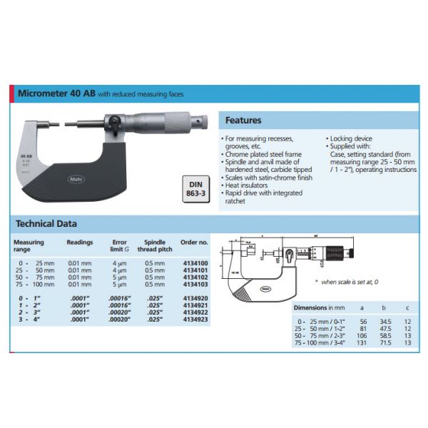 Mahr 4134920 Mechanical Micrometers 40AB Microbar With Reduced measuring faces Range 0-1'' x .0001'', Accuracy .00015''