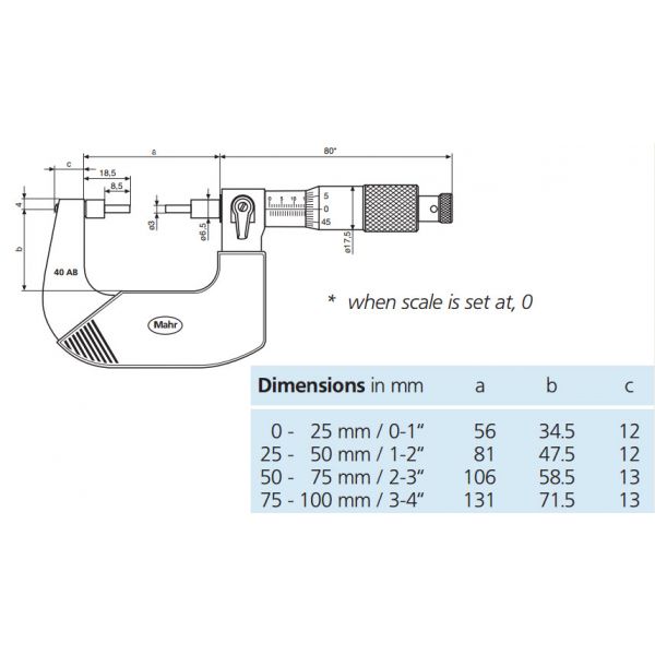 Mahr 4134101 Mechanical Spline Micrometers 40AB Microbar With Reduced measuring faces Range 25-50mm x .01mm, Accuracy .004mm