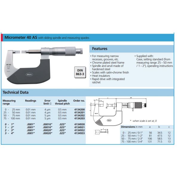 Mahr 4134930 Mechanical Micrometers 40AS Micromar non rotating spindle blade micrometers, Range 0-1'' x .0.0001'' Accuracy .00016''