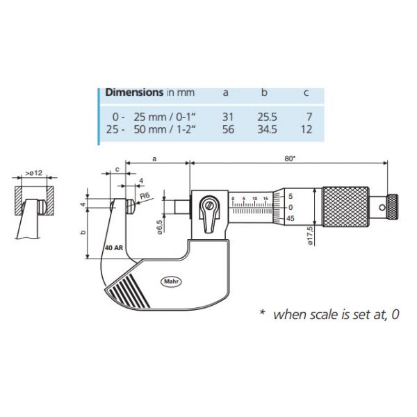 Mahr 4134250 Mechanical Micrometers 40AR Spherical Anvil , Range 0-25mm x .01mm Accuracy .004mm