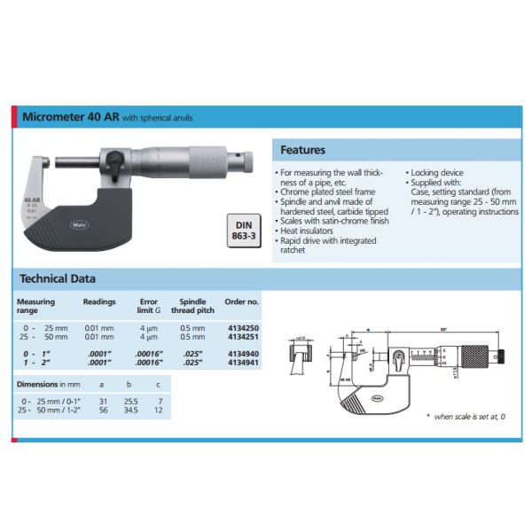 Mahr 4134940 Mechanical Micrometers 40AR Micromar Spherical Anvil Micrometers, Range 0-1'' x .0.0001'' Accuracy .00016''