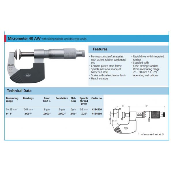 Mahr 4134950 Mechanical Micrometers 40AW Micromar Non Rotating Disc Micrometer, Range 0-1'' x .0001'' Accuracy .0003'' , Flatness of faces .0001''